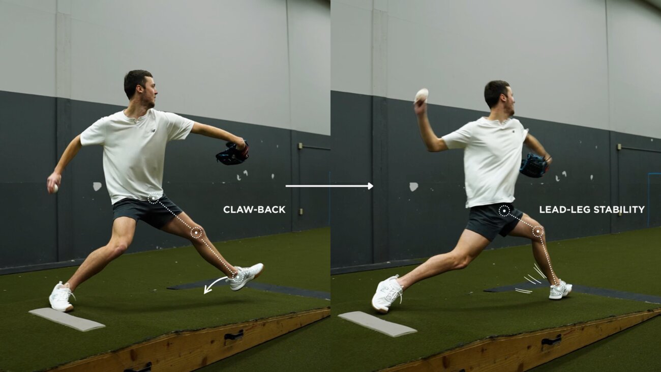 Two-panel sequence of Misiorowski's front leg landing and bracing: claw-back into lead-leg stability.
