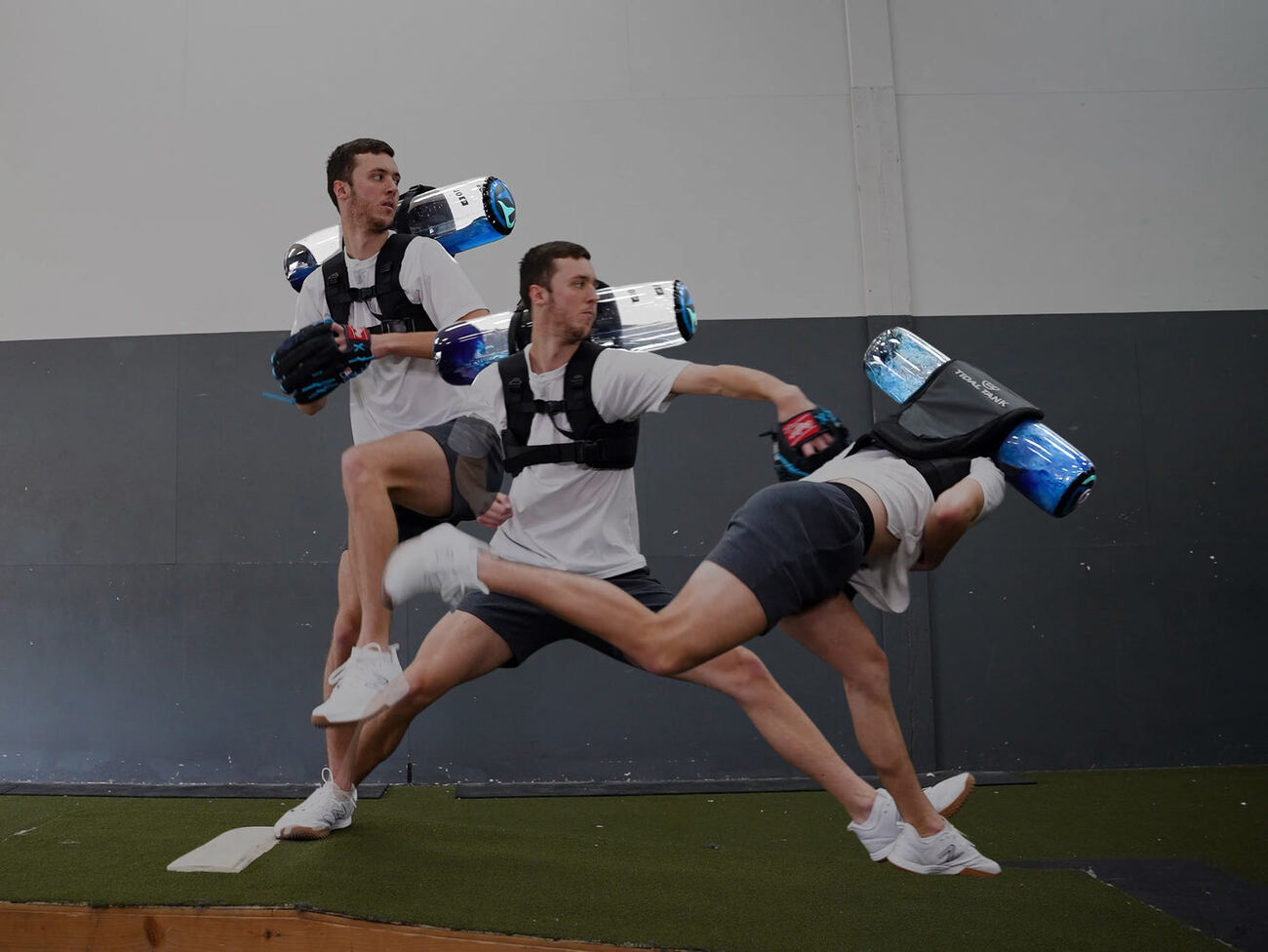 Three-position composite of an athlete performing a rotational throw with a Tidal Tank, the shifting water highlighted.