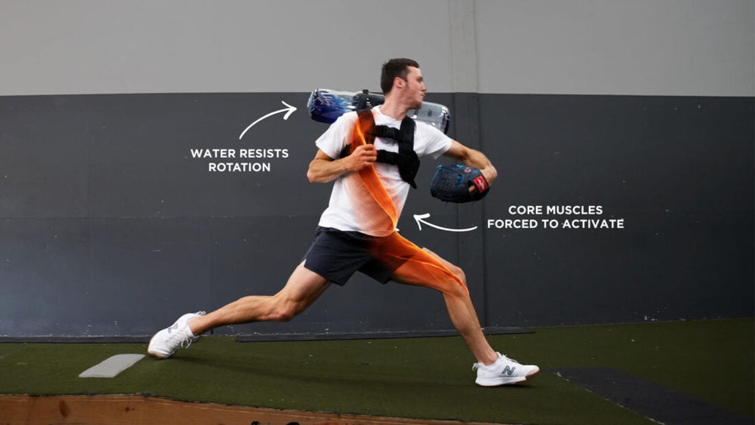 Athlete rotating through the stride with a Tidal Tank; core muscles highlighted as they resist the water.